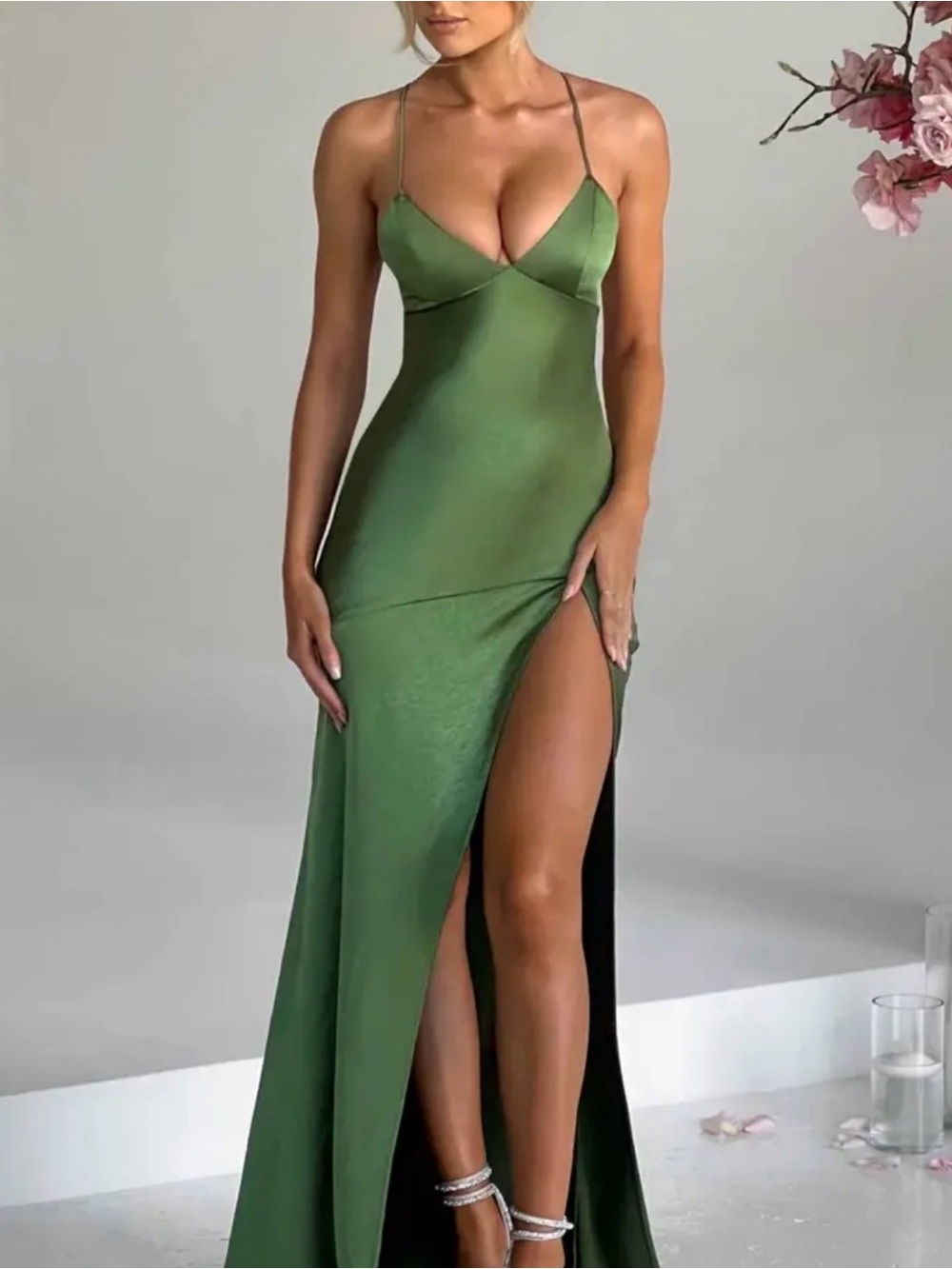 Olive Green Satin Maxi Slip Dress with Thin Straps